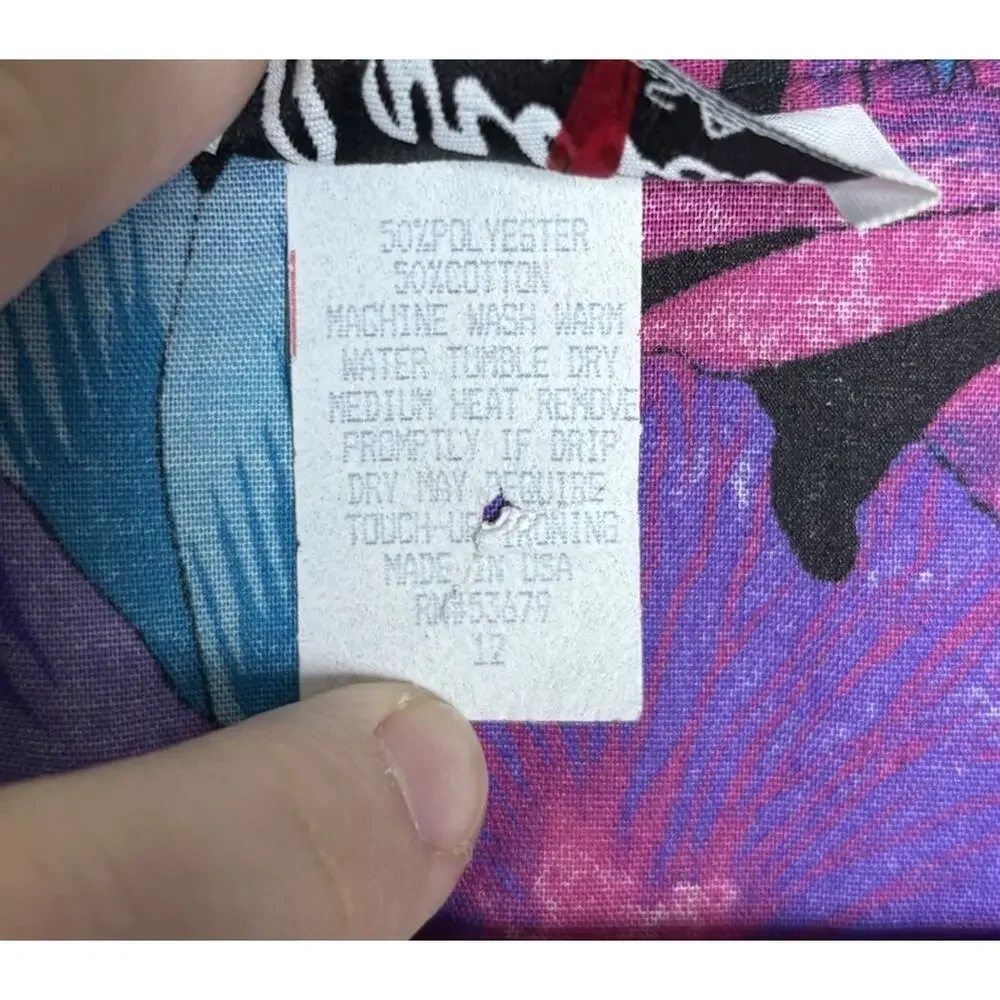 Y2K Caribou Button Up Hawaiian Womens Blue Purple Black Size 12 Cotton Blend